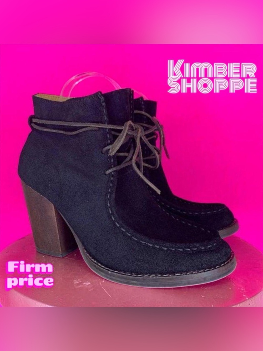 Latigo Frieda Black Suede Moc Toe Lace-Up Block Heel Ankle Boots US 7.5 EU 38
